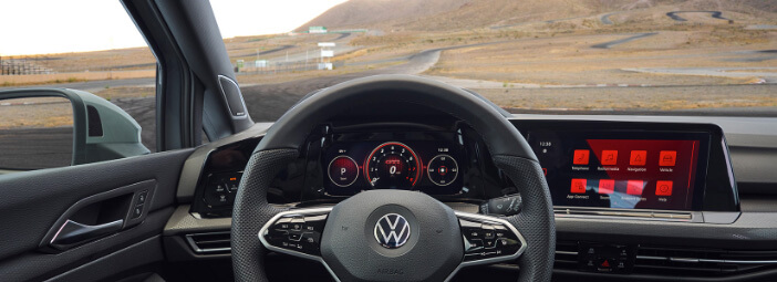 Digital cockpit display and infotainment display menu in 2023 Volkswagen Golf GTI