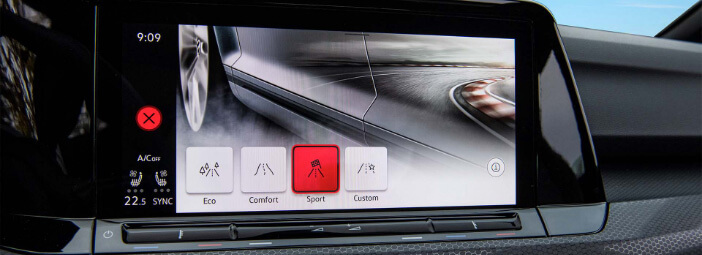 Infotainment display in 2023 Volkswagen Golf GTI showing dynamic chassis control screen