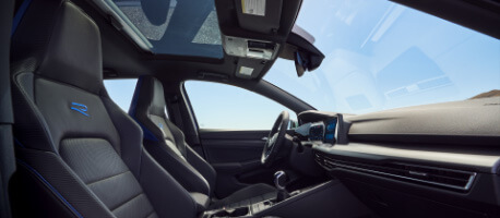 Leather front seats with blue accents in 2023 Volkswagen Golf R
