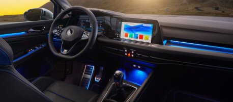 Wireless charging pad and infotainment display in 2023 Volkswagen Golf R