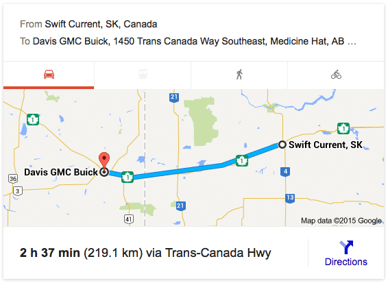 Directions from Swift Current to Davis GMC Buick Medicine Hat