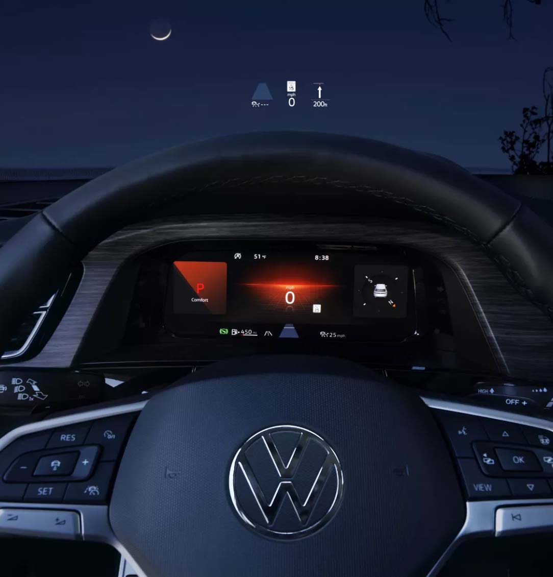 Close up view of steering wheel and front windshield