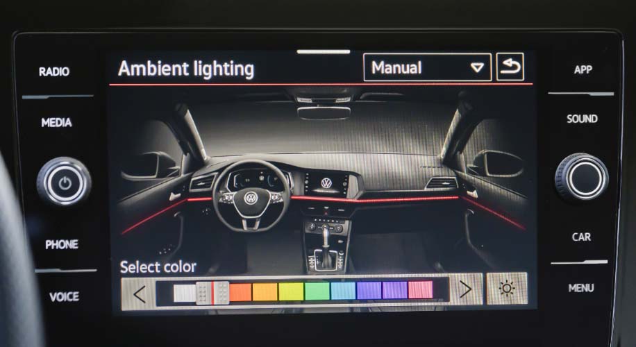 Close-up of the interior ambient lighting control screen in the Volkswagen Jetta, showing color options.