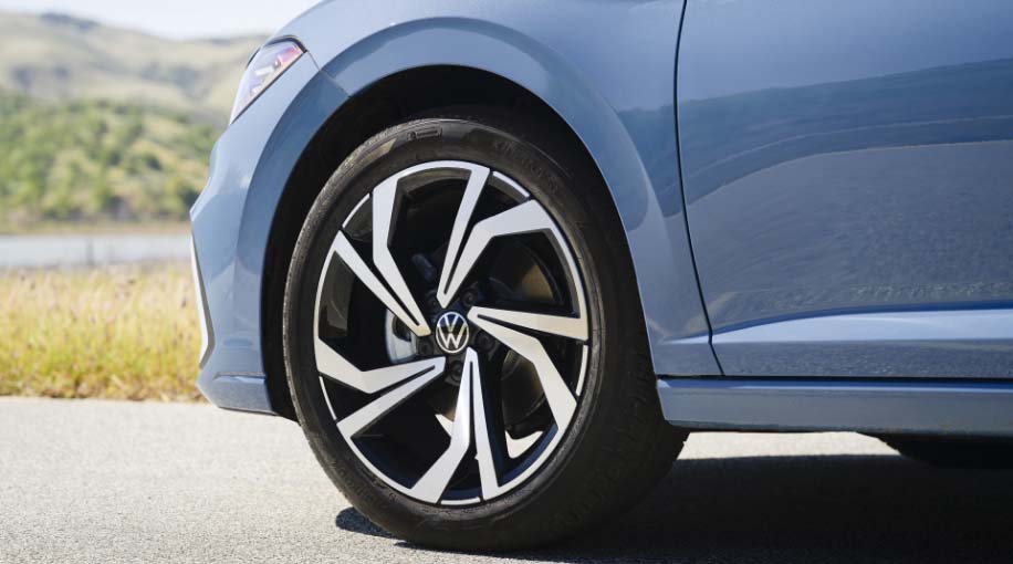 Close-up of the 2026 Volkswagen Jetta front wheel, highlighting the modern alloy rim design.