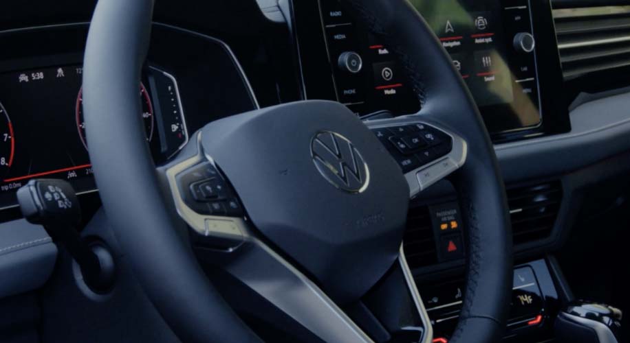Close-up of the leather multi-function heated steering wheel in the Jetta