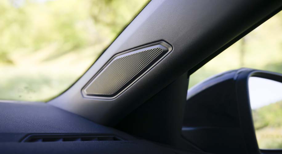 Close-up of the 2026 Volkswagen Jetta front pillar with VW Premium Audio speaker