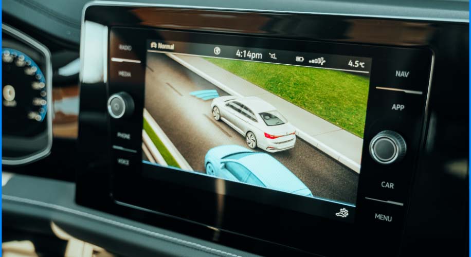 Rear View Camera shown on the 2026 Volkswagen Jetta touchscreen with nearby car detection