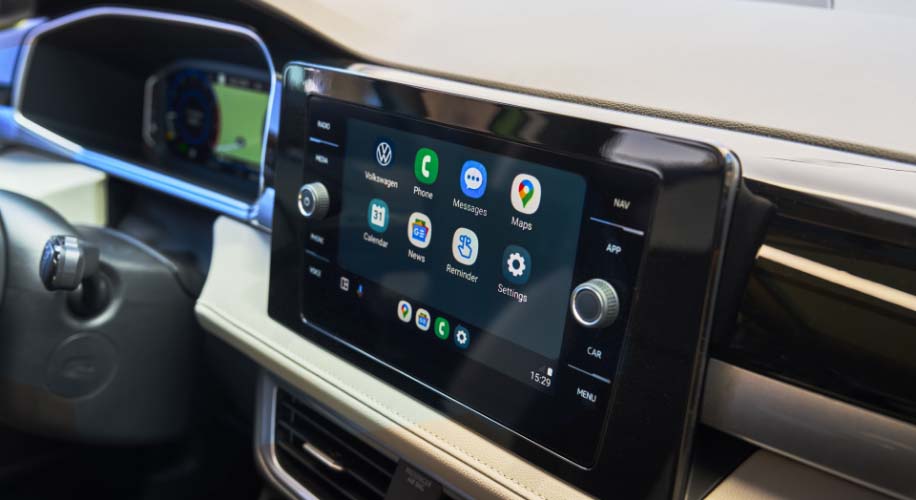 Close-up of the 8.0-inch floating touchscreen in the 2026 Volkswagen Taos, showing app icons.