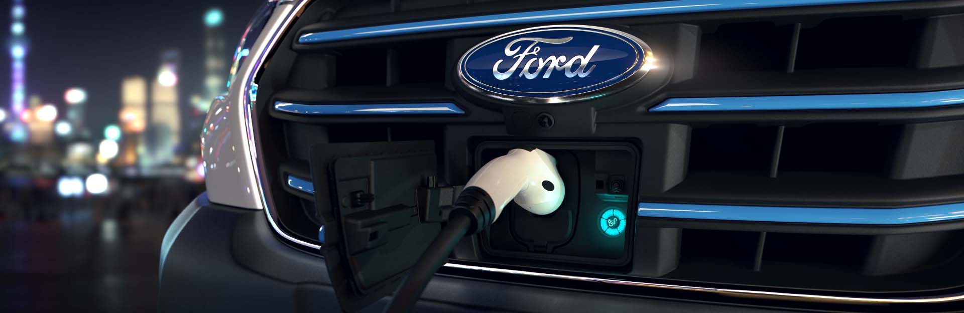 Close up of an eTransit plugged in and charging at night