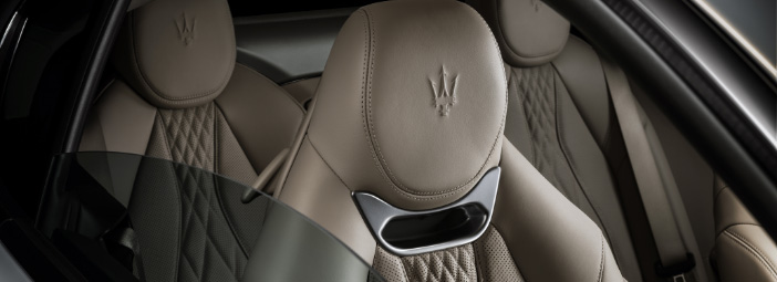 close up view of the leather seats inside the maserati granturismo